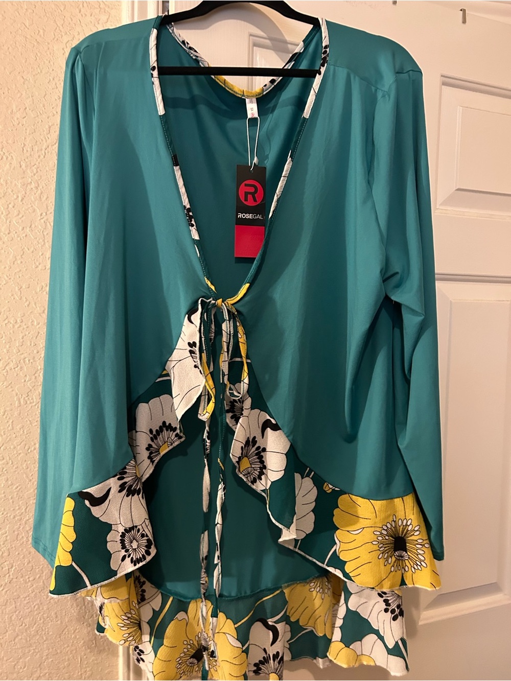 Rosegal Teal Tunic with Yellow & White Floral Ruffle Tie